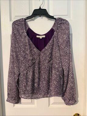 LOFT Purple Paisley V-Neck Blouse with Long Sleeves